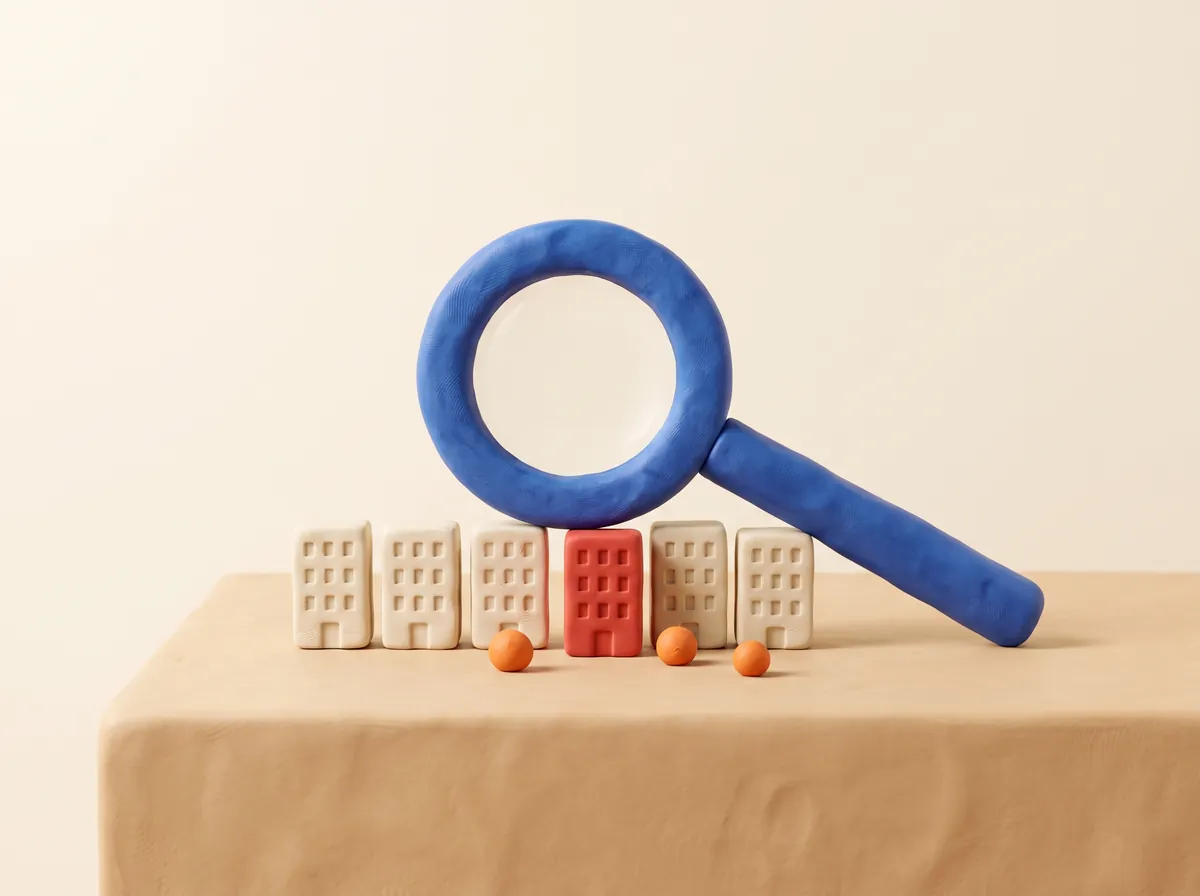 A clay magnifying glass over a row of small clay office blocks, with one red block picked out.